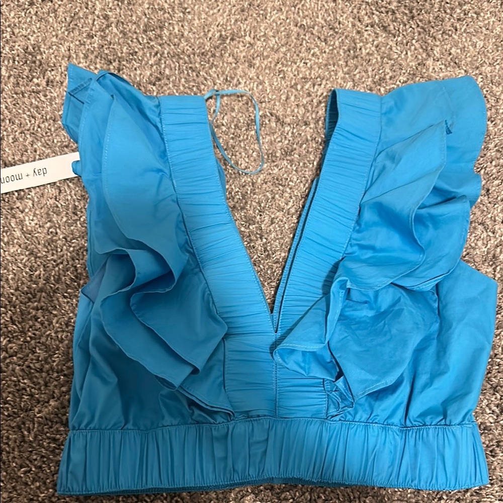 Blue Sleeveless Ruffled Blouse